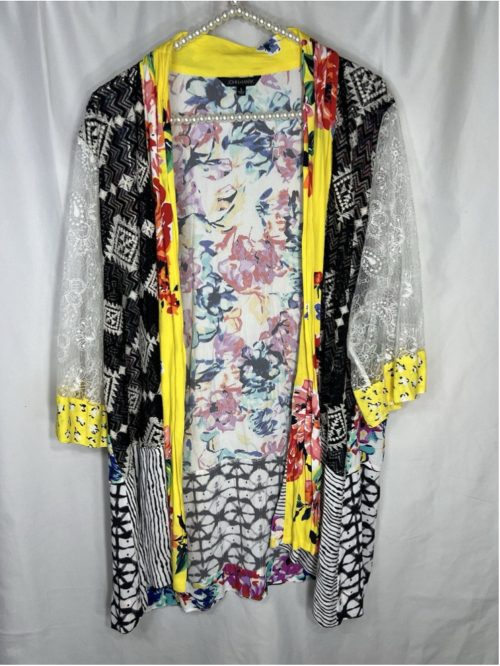 John Mark Kimono Women’s L Multicolor Boho Floral Lace Patchwork Sheer Jacket